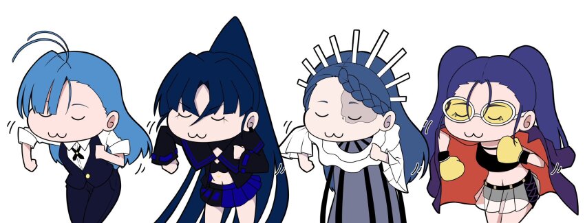 4girls :3 ado_(utaite) ahoge bikini black_bikini black_ribbon black_sailor_collar black_shirt black_shorts black_skirt black_tank_top blue_hair blue_pants blue_skirt blue_vest boxing_gloves braid braided_bangs chibi closed_eyes cloud_nine_inc collared_shirt commentary_request crop_top dancing dress dress_shirt earclip gira-gira-chan_(ado) gira_gira hair_between_eyes highres long_hair long_sleeves merry_(ado) midriff multiple_girls naima_(ado) navel neck_ribbon nori_(norinori_yrl) odo-chan_(ado) odo_(song) open_clothes open_shirt pants parted_bangs pleated_skirt ponytail readymade_(ado) ribbon sailor_collar see-through_clothes see-through_skirt shirt shorts simple_background skirt swimsuit tank_top tinted_eyewear twintails u_u usseewa very_long_hair vest white_background white_dress white_shirt yellow-tinted_eyewear zui_zui_dance