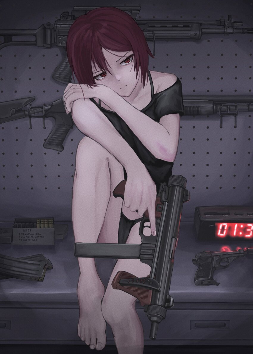 1girl ammunition benelli_m4_super_90 beretta_m12 black_hair brown_eyes clock d-sawa613 digital_clock expressionless eyelashes eyeliner gun hair_between_eyes handgun head_rest head_tilt highres holding holding_gun holding_weapon magazine_(weapon) makeup off-shoulder_shirt off_shoulder original red_eyes serious shirt short_hair shotgun sidelocks sitting sitting_on_table solo strap submachine_gun thighs usas-12 walther walther_p38 weapon