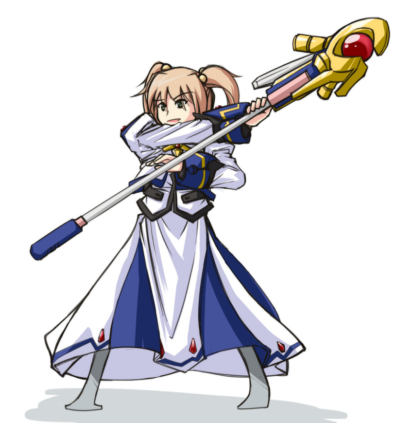 1girl artist_request brooch brown_hair capelet cosplay dress eyes_visible_through_hair female_focus full_body gem green_eyes hair_bobbles hair_ornament hair_over_one_eye ibarazaki_emi jewelry katawa_shoujo long_sleeves lyrical_nanoha magical_girl prosthesis raising_heart raising_heart_(device_mode)_(1st) red_gemstone simple_background solo staff standing takamachi_nanoha takamachi_nanoha_(cosplay) takamachi_nanoha_(movie_1st_mode) twintails uniform white_background
