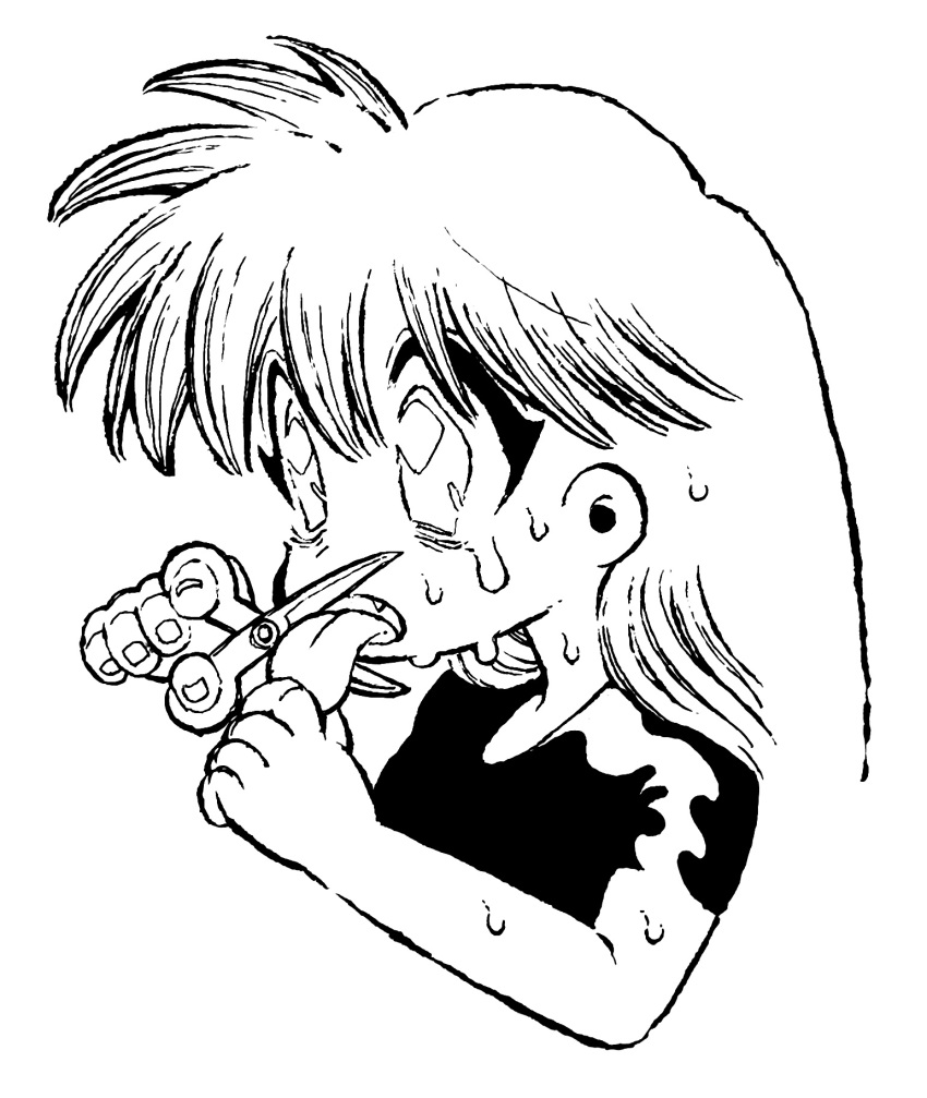 15ooo 1girl bags_under_eyes eyelashes fang fingernails highres imminent_injury imminent_self-harm long_hair open_mouth original scissors shirt solo sweat t-shirt tears tongue tongue_out wide-eyed