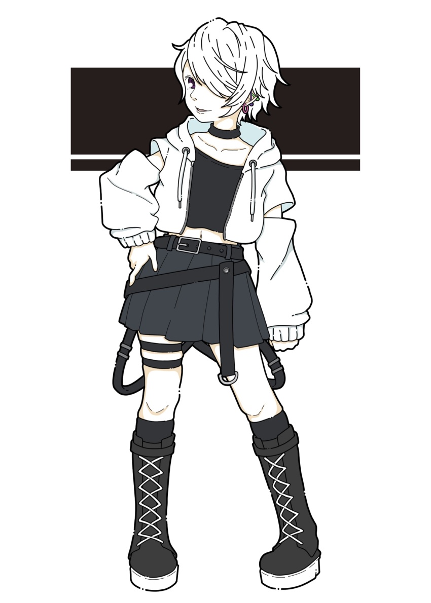 1girl belt black_belt black_boots black_choker black_shirt black_skirt boots choker collarbone detached_sleeves ear_piercing earrings full_body garter_belt hair_over_one_eye hand_on_own_hip highres hood hoodie jewelry knee_boots looking_at_viewer midriff navel nonnki original parted_lips piercing pleated_skirt shirt skirt solo standing streetwear white_hair white_hoodie