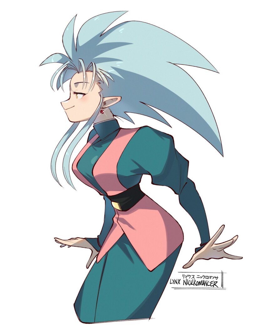 artist_name belt belt_buckle black_belt black_sash blue_hair breasts buckle cheesecakes_by_lynx closed_mouth commentary cropped_legs dress earrings eyelashes from_side green_dress high_collar highres jewelry large_breasts long_hair long_sleeves looking_ahead narrowed_eyes pink_vest pointy_ears profile puffy_sleeves ryouko_(tenchi_muyou!) sash sidelocks signature smile sparkle spiked_hair spread_fingers tenchi_muyou! vest yellow_eyes