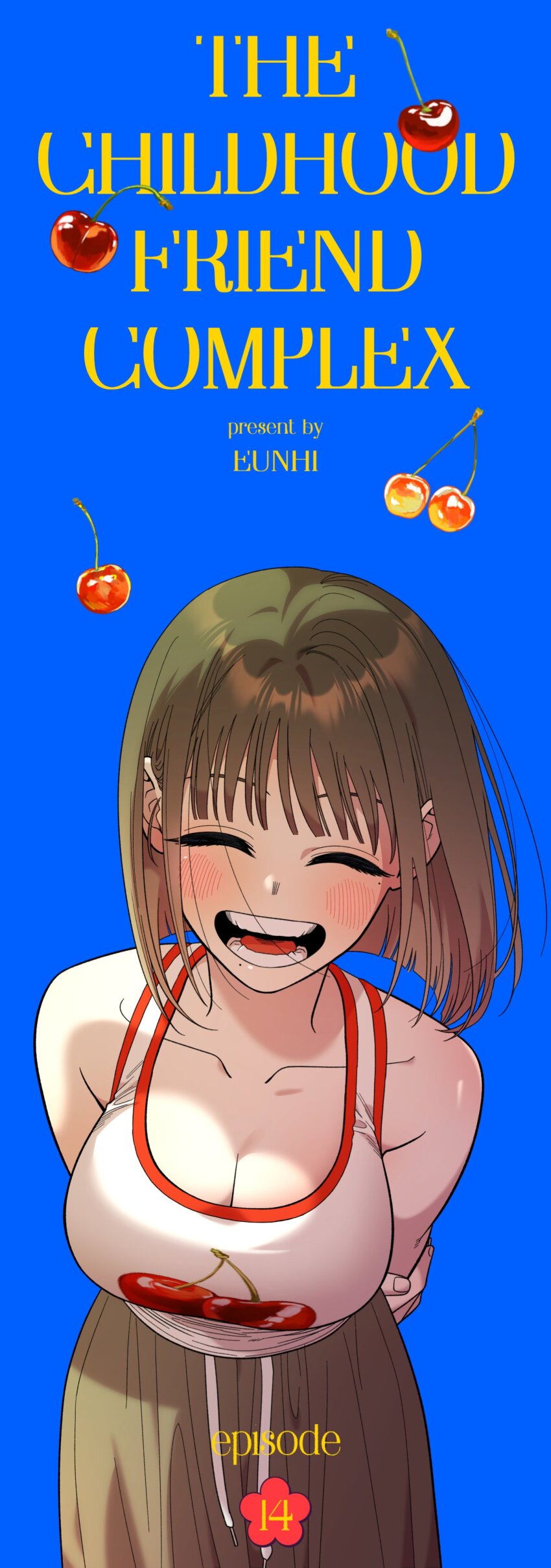 1girl absurdres arm_behind_back bare_shoulders blue_background blush breasts chapter_number cherry cherry_print childhood_friend_complex cleavage closed_eyes cover cover_page english_text eunhi food food_print fruit fruit_print highres korean_commentary large_breasts lee_ha-neul mole mole_under_mouth official_art open_mouth skirt smile tank_top teeth tongue white_tank_top