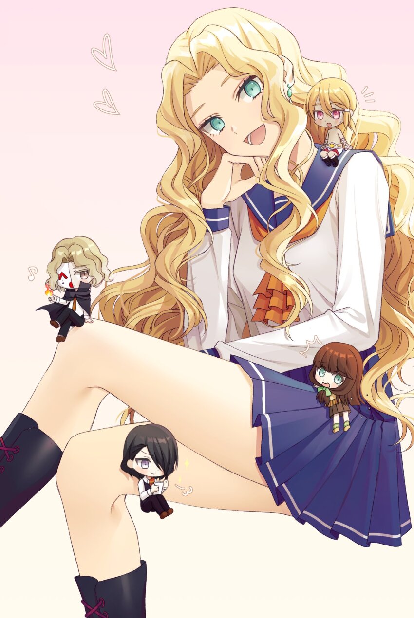 2girls 3boys bandaged_arm bandages belt black_cape black_footwear black_hair black_pants blonde_hair blue_sailor_collar blue_skirt boots bow brown_hair brown_skirt cape championship_belt chibi collared_shirt crossed_legs danganronpa_another earrings fire green_bow green_eyes hair_over_one_eye half_mask hand_on_own_cheek hand_on_own_face heart high_collar highres jewelry korean_commentary lace-up_boots long_hair magorobi_emma makunouchi_hajime mask medium_hair multiple_boys multiple_girls musical_note neckerchief nijiue_iroha notice_lines open_mouth orange_neckerchief pants pink_background pink_eyes pleated_skirt ppakunak purple_eyes sailor_collar sannoji_mikado scarf school_uniform shirt short_hair shorts simple_background skirt small_sweatdrop smile super_danganronpa_another_2 wavy_hair white_shirt white_shorts yomiuri_nikei