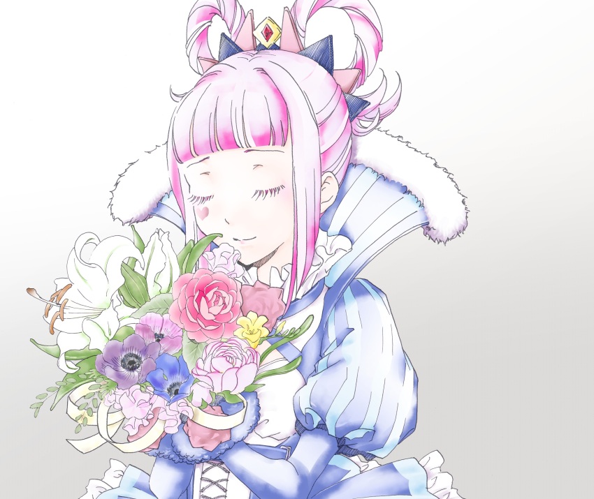 1girl aqua_dress blue_dress blue_flower blunt_bangs bouquet closed_eyes closed_mouth commentary_request cross-laced_clothes cross-laced_dress dress facial_tattoo facing_viewer fire_emblem fire_emblem_engage flower freesia_(flower) fur-trimmed_sleeves fur_trim gem hair_flaps hair_rings hands_up hatching_(texture) heart heart_tattoo highres holding holding_bouquet hortensia_(fire_emblem) juliet_sleeves light_smile linear_hatching long_sleeves multicolored_clothes multicolored_hair multicolored_headwear nintendo pink_flower pink_hair puffy_sleeves purple_flower red_gemstone short_hair sidelocks simple_background sleeves_past_wrists smelling smelling_flower solo streaked_hair striped_clothes striped_dress striped_sleeves tattoo tiara toki_(xxxxxmoe1983oct) two-tone_dress two-tone_hair upper_body white_background white_flower white_hair yellow_flower