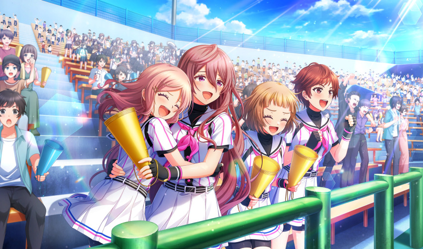:d ^_^ amakusa_kotone baseball_stadium baseball_uniform belt belt_buckle bike_shorts_under_skirt black_belt black_gloves black_shorts black_undershirt blunt_bangs brown_hair buckle cinderella_series clenched_teeth closed_eyes cloud crowd film_grain fingerless_gloves game_cg gloves hachigatsu_no_cinderella_nine hair_between_eyes hair_ornament hairclip hanayama_emi hand_on_another&#039;s_waist happy highres holding holding_megaphone honjo_chikage hug lens_flare light_particles light_rays long_hair looking_ahead megaphone neckerchief non-web_source official_art open_mouth outdoors pink_hair pink_neckerchief pleated_skirt purple_eyes purple_hair railing red_eyes red_hair satogahama_baseball_uniform senba_ayako shirt shirt_under_shirt short_sleeves shorts skirt sky smile sportswear standing striped_belt striped_clothes striped_shirt sunbeam sunlight teeth vertical-striped_clothes vertical-striped_shirt very_long_hair wavy_hair wristband
