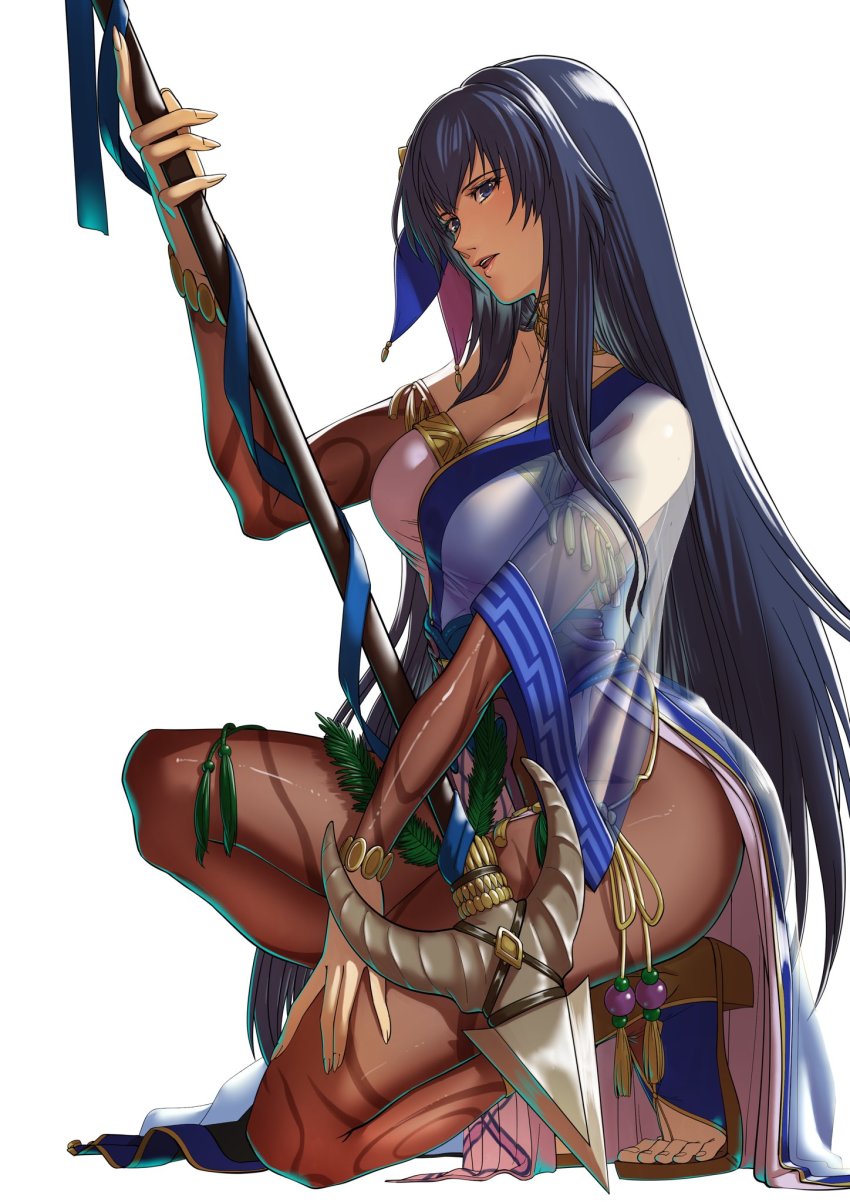 1girl aduti_momoyama alternate_costume black_hair breasts detached_collar detached_sleeves dress fire_emblem fire_emblem:_the_blazing_blade fire_emblem_heroes gold_trim high_heels highres holding holding_polearm holding_weapon karla_(fire_emblem) karla_(hatari)_(fire_emblem) large_breasts long_hair nintendo official_alternate_costume pantyhose polearm see-through_clothes see-through_sleeves single_bare_shoulder spear strapless strapless_dress toeless_footwear toeless_legwear weapon white_background