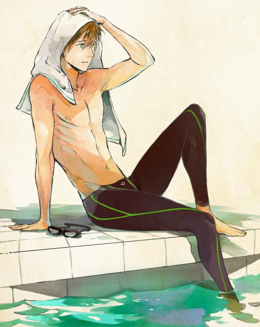 1boy barefoot black_male_swimwear black_pants brown_hair free! full_body goggles unworn_goggles green_eyes hair_between_eyes highres lanimalu legskin looking_to_the_side male_focus male_swimwear pants parted_lips pool poolside short_hair skin_tight soaking_feet solo tachibana_makoto tight_clothes tight_pants toned toned_male topless_male towel towel_on_head water watercolor_effect