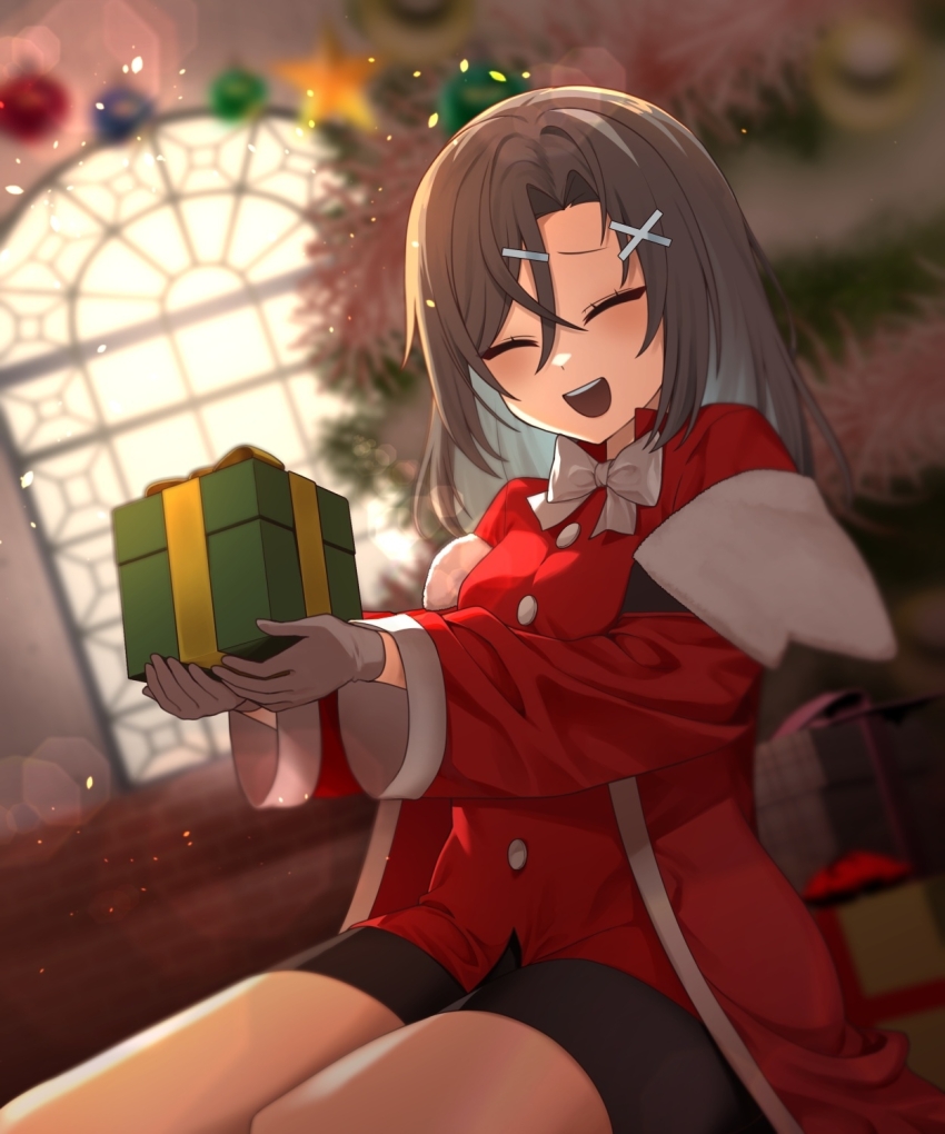 1girl bike_shorts black_shorts box brown_gloves brown_hair christina_brecht counter:side gift gift_box gloves highres holding holding_box looking_at_viewer santa_costume shorts solo thighs user_akwlspt yellow_eyes