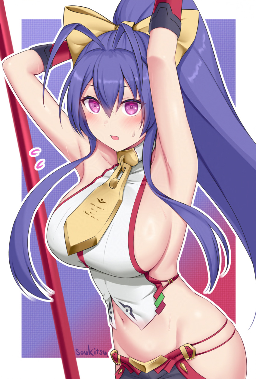 1girl antenna_hair armpits arms_up backless_outfit bare_shoulders black_pants blazblue blue_hair blush bow breasts collarbone commentary_request cowboy_shot crop_top flying_sweatdrops gloves groin hair_between_eyes hair_bow highres hip_vent large_breasts long_hair looking_at_viewer lowleg lowleg_pants mai_natsume midriff navel open_mouth outseal pants polearm ponytail purple_eyes revealing_clothes shirt sideboob sidelocks signature sleeveless sleeveless_shirt solo soukitsu spear standing sweat very_long_hair weapon white_shirt yellow_bow