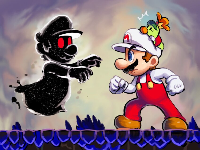 3boys blue_eyes boots brown_footwear brown_hair caterpillar clenched_hands facial_hair fire_mario from_side ghost gloves hat highres looking_at_viewer mario mario_(series) multiple_boys mustache nintendo overalls prince_florian red_eyes red_overalls rift_mario shirt short_hair super_mario_bros._wonder white_gloves white_headwear white_shirt ya_mari_6363