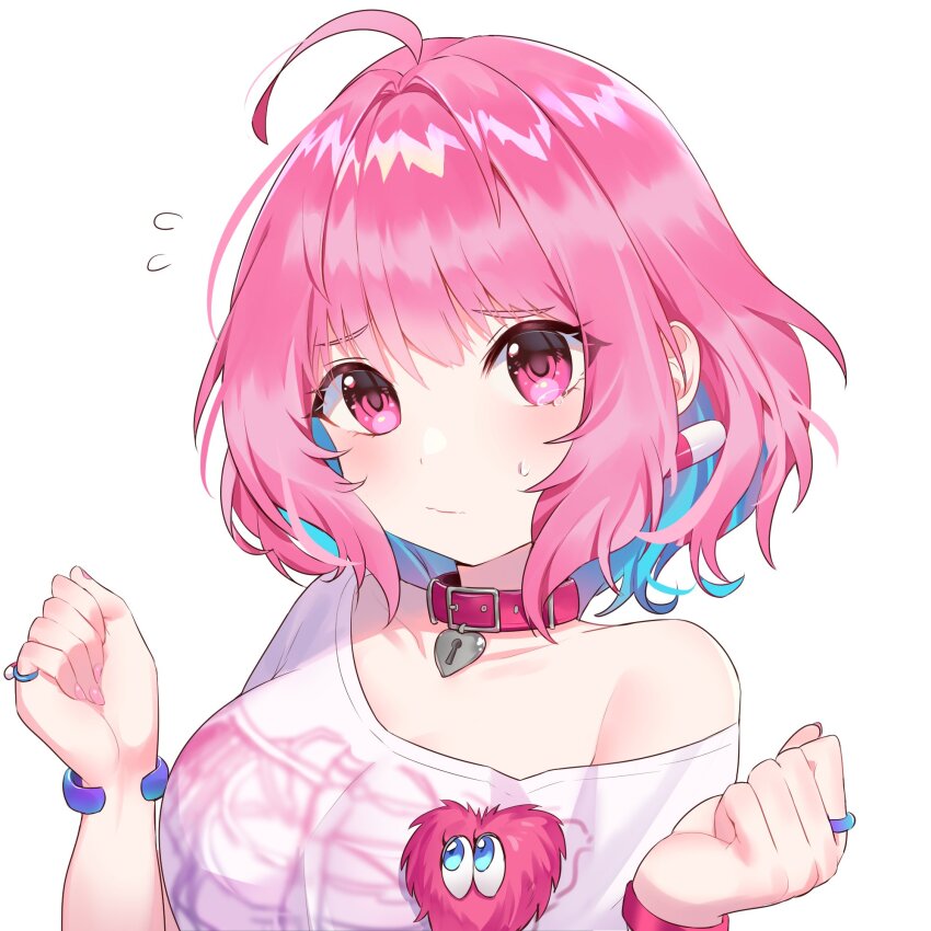 1girl ahoge aqua_hair bangle belt_collar bracelet breasts clenched_hands closed_mouth collar collarbone colored_inner_hair earrings fingernails flying_sweatdrops hair_intakes hands_up heart-shaped_lock heart_collar heart_on_chest highres idolmaster idolmaster_cinderella_girls jewelry keyhole looking_at_viewer mashilemo multicolored_hair off_shoulder pill_earrings pill_ring pink_collar pink_eyes pink_hair ring shirt short_hair simple_background single_bare_shoulder skeleton_print solo t-shirt tears two-tone_hair upper_body white_background white_shirt wristband yumemi_riamu