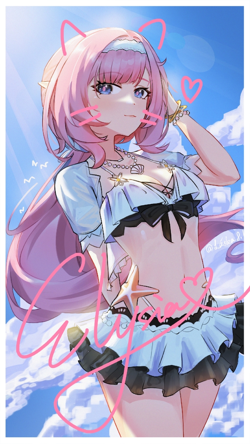 1girl animal_ears bikini bikini_skirt blue_eyes blue_sky bracelet breasts cat_ears character_name cleavage cloud cloudy_sky elf elysia_(honkai_impact) elysia_(miss_pink_elf)_(honkai_impact) elysia_(summer_miss_elf)_(honkai_impact) fake_animal_ears fake_whiskers heart highres honkai_(series) honkai_impact_3rd jewelry laska_(572124034) long_hair looking_at_viewer midriff missing_commentary navel necklace pearl_necklace pink_hair pink_pupils pointy_ears sky summer swimsuit thighs twitter_username whiskers white_bikini