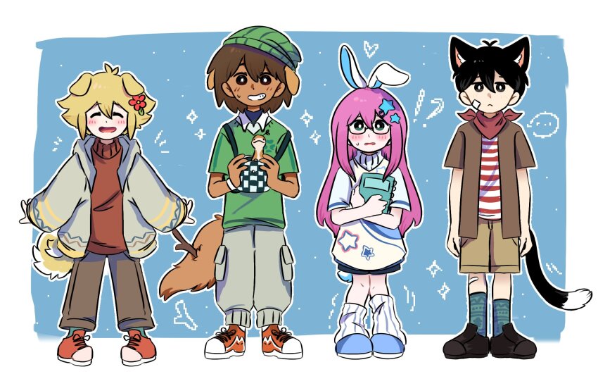 alternate_universe animal_ears aubrey_(faraway)_(omori) aubrey_(omori) ball bandaid bandaid_on_cheek bandaid_on_face bandana bandana_around_neck basil_(faraway)_(omori) basil_(omori) beanie bespectacled black_hair blonde_hair book brown_hair brown_jacket brown_pants cargo_pants cat_boy cat_ears cat_tail closed_eyes commentary dark-skinned_male dark_skin dog_boy dog_ears dog_tail expressionless glasses green_hat grin hair_ornament hat highres holding holding_ball holding_book jacket kel_(faraway)_(omori) kel_(omori) kemonomimi_mode ni12345670 omori open_mouth pants pink_hair rabbit_ears rabbit_girl rabbit_tail red_bandana red_sweater ribbed_socks shirt shoes smile sneakers socks star_(symbol) star_hair_ornament striped_clothes striped_shirt sunny_(omori) sweater tail turtleneck turtleneck_sweater white_sweater
