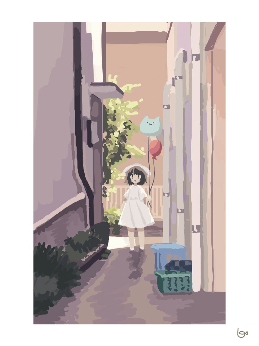1girl :d alley arm_at_side balloon border brown_eyes brown_hair building drainpipe dress hat highres holding holding_balloon kyora_san looking_at_viewer open_mouth original plant railing shade short_hair signature smile solo tree white_border white_dress white_hat wide_shot