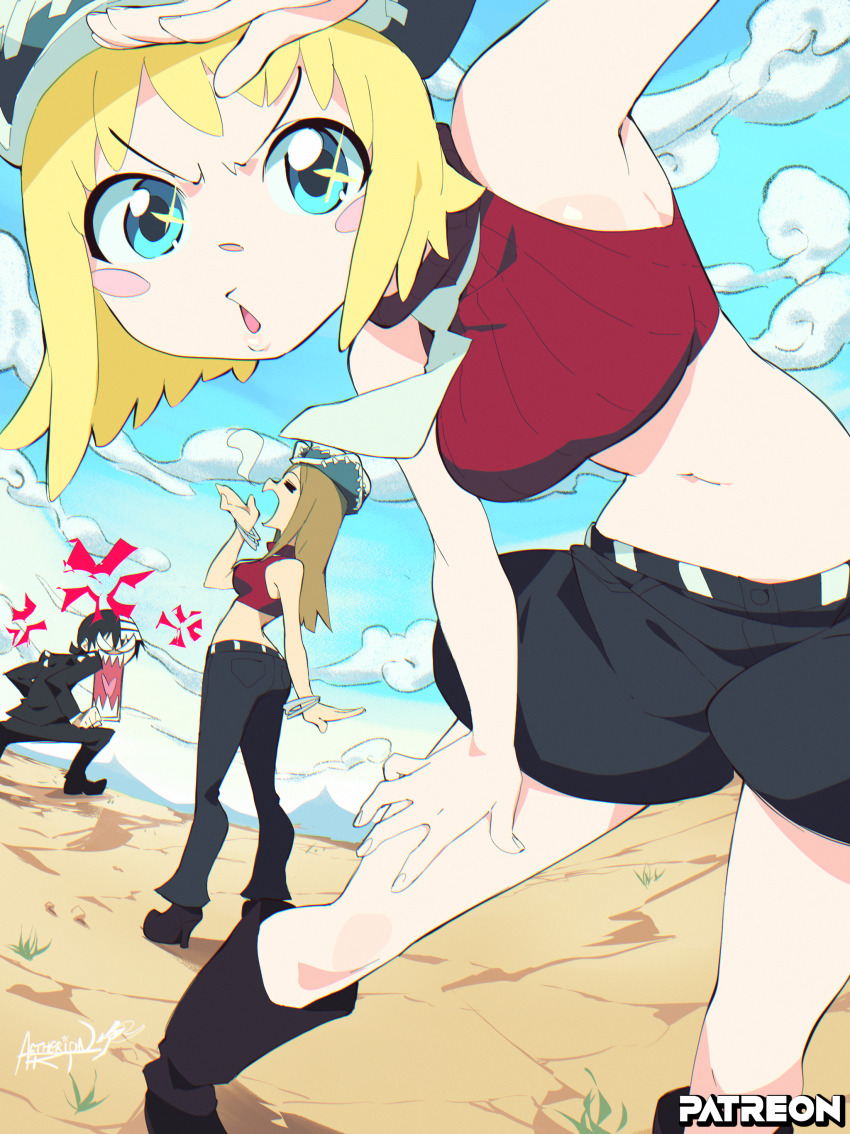 1boy 2girls :o absurdres aetherion anger_vein angry black_boots black_hair black_pants black_shoes black_shorts black_suit blonde_hair blue_eyes blush_stickers boots bracelet breasts brown_hair closed_eyes cloud cloudy_sky cowboy_hat crop_top cropped_sweater death_the_kid desert elizabeth_thompson foreshortening formal_clothes hand_on_own_thigh hand_up hat highres jaw_drop jewelry long_hair medium_breasts midriff multicolored_hair multiple_girls navel necktie open_mouth pants patricia_thompson perspective red_sweater ribbed_sweater sharp_teeth shoes short_hair shorts signature sky sleeveless soul_eater sparkling_eyes striped_hair suit sweater teeth v-shaped_eyebrows v-shaped_eyes white_hair white_necktie yawning
