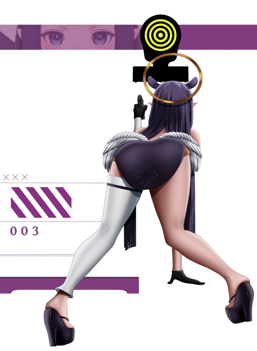 1girl aiming arm_support bare_shoulders bent_over black_gloves black_shoes blackcapbandit commentary dress english_commentary facing_away feathered_wings from_behind gloves goddess_of_victory:_nikke gun halo hand_up high_heels highres holding holding_gun holding_weapon hololive hololive_english long_hair meme nikke&#039;s_shooting_pose_(meme) ninomae_ina&#039;nis ninomae_ina&#039;nis_(1st_costume) platform_heels platform_shoes pointy_ears purple_background purple_dress purple_hair shoes single_detached_legging target target_practice two-tone_background virtual_youtuber weapon white_background wings