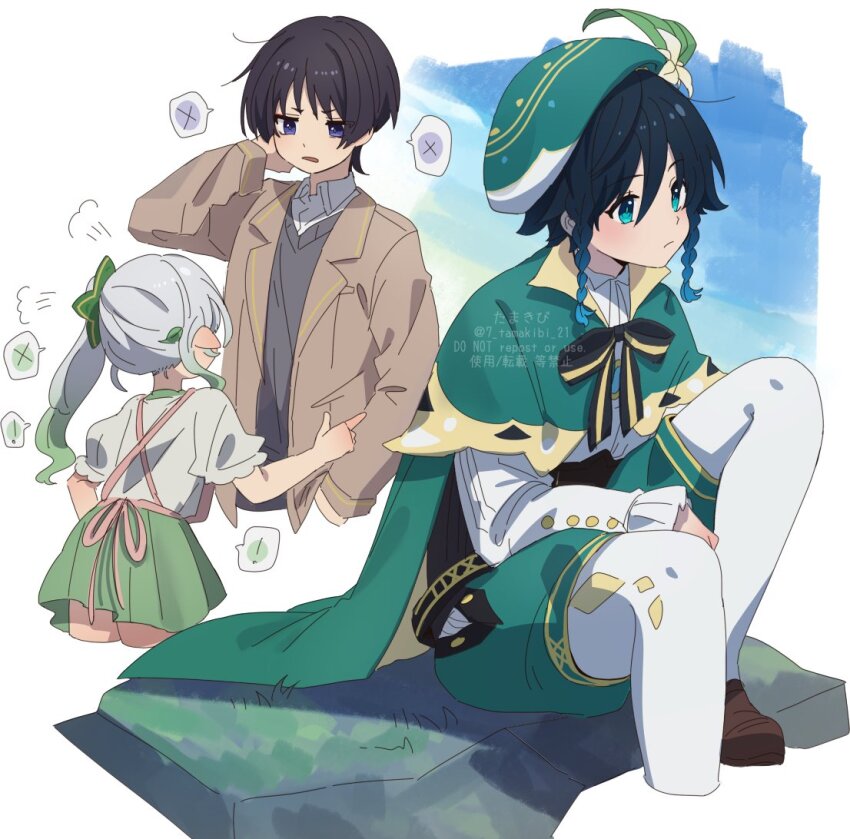 ! 1boy 2boys alternate_costume anachronism aqua_hair arm_at_side arm_up beret black_bow black_hair blouse blunt_ends bow brown_jacket brown_shoes brown_sleeves cape casual collared_shirt colored_tips contemporary corn_kuten cowlick eyeliner eyeshadow flower frilled_sleeves frills genshin_impact gradient_hair green_cape green_eyes green_hair green_hat green_pupils green_shorts green_skirt grey_sweater_vest hair_between_eyes hair_ornament hair_pulled_back hand_on_own_face hat hat_flower hip_vent index_finger_raised jacket knee_up lapels large_bow leaf leaf_hair_ornament long_hair long_sleeves looking_down looking_to_the_side makeup multicolored_hair multiple_boys nahida_(genshin_impact) open_clothes open_jacket open_mouth pantyhose pleated_skirt pointing pointing_at_another pointy_ears puff_of_air puffy_sleeves purple_eyes red_eyeliner red_eyeshadow scaramouche_(genshin_impact) shirt shoes short_sleeves shorts side_ponytail sidelocks sitting skirt spoken_exclamation_mark spoken_x sweater_vest twitter_username venti_(genshin_impact) watermark white_flower white_hair white_pantyhose white_shirt white_sleeves white_undershirt wispy_bangs