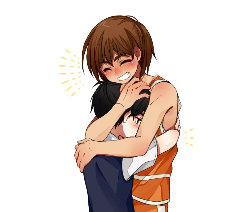 2boys ^_^ antenna_hair bare_arms bare_shoulders black_eyes black_hair black_sweater_vest blush closed_eyes grin hair_behind_ear hair_between_eyes hand_on_another&#039;s_head highres hug kel_(faraway)_(omori) kel_(omori) linglanjunying male_focus multiple_boys omori orange_tank_top shirt short_hair short_sleeves simple_background smile sunny_(omori) sweater_vest tank_top white_background white_shirt white_trim