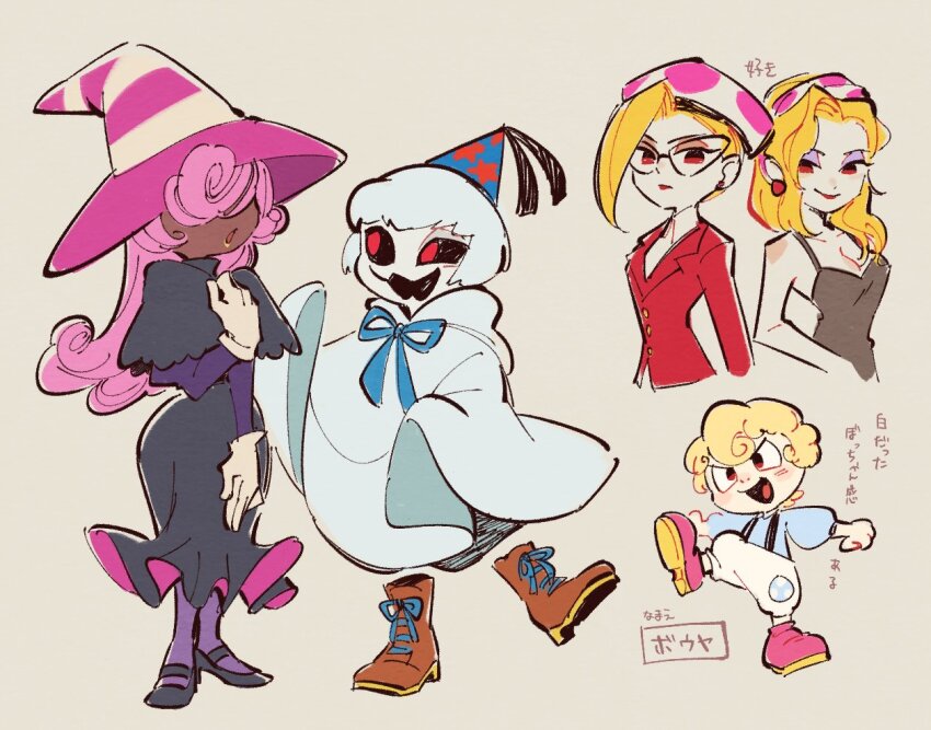 2boys 2girls black_dress black_sclera blonde_hair boots breasts brown_footwear cleavage colored_sclera dark_skin doopliss dress full_body gloves grey_background hat humanization jacket jolene_(paper_mario) long_hair long_sleeves mario_(series) mini-yoshi multiple_boys multiple_girls nintendo open_mouth pantyhose paper_mario paper_mario:_the_thousand-year_door parted_lips party_hat personification pink_hair polka_dot red_eyes red_jacket simple_background sleeveless sleeveless_dress translation_request ukata vivian_(paper_mario) white_gloves white_hair white_yoshi yoshi