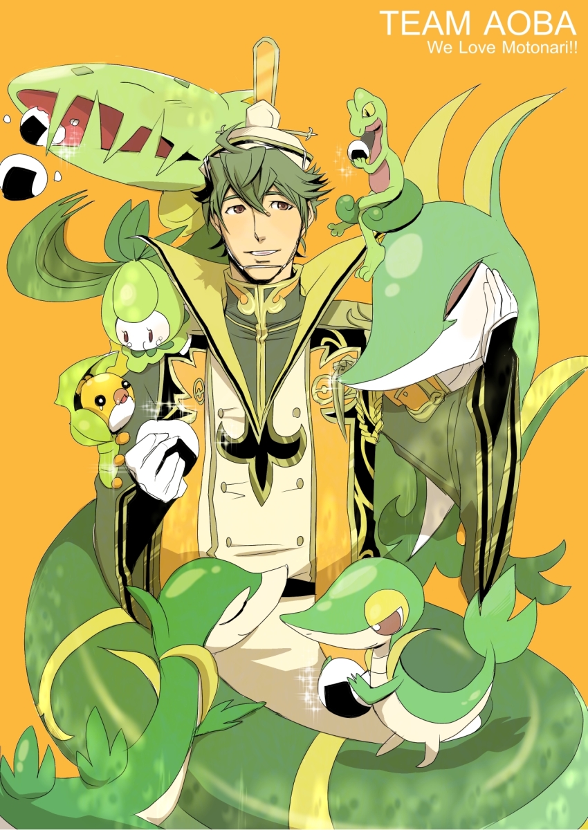 brown_eyes carnivine creatures_(company) food game_freak gen_3_pokemon gen_4_pokemon gen_5_pokemon gloves green_hair hair_between_eyes hat high_collar highres japanese_clothes mouri_motonari mouri_motonari_(sengoku_musou) nintendo onigiri petilil poke_ball_symbol pokemon pokemon_conquest sengoku_musou serperior servine sewaddle smile snivy treecko white_gloves