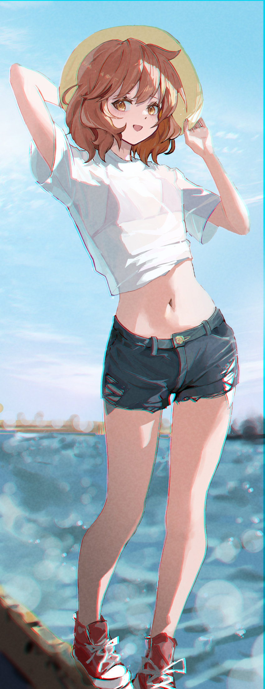 1girl absurdres bare_legs bikini bikini_top_only bikini_top_under_shirt blurry blurry_background brown_eyes brown_hair chromatic_aberration crop_top denim denim_shorts fluffy_hair hat heavy_chromatic_aberration hibike!_euphonium highres holding holding_unworn_clothes holding_unworn_hat looking_to_the_side medium_hair midriff navel open_mouth oumae_kumiko red_shoes see-through_clothes see-through_shirt shirt shoes short_shorts shorts solo star1ynight straw_hat swimsuit unworn_hat unworn_headwear water white_shirt