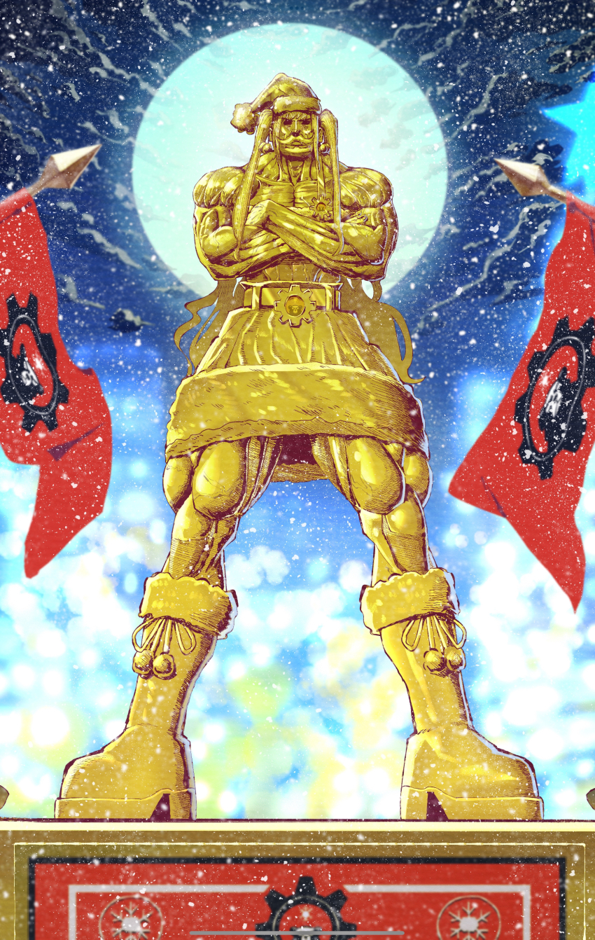 02milos02 absurdres blue_archive boots cherino_(blue_archive) christmas commentary crossed_arms facial_hair full_body fur-trimmed_boots fur_trim hat highres long_hair mixed-language_commentary muscular mustache night no_humans outdoors pom_pom_(clothes) red_flag red_winter_federal_academy_logo santa_costume santa_hat snowing statue two_side_up winter