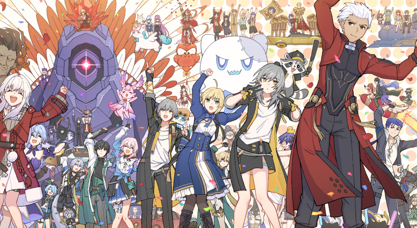 6+boys 6+girls absurdres archer_(fate) archer_(honkai:_star_rail)_(fate) argenti_(honkai:_star_rail) arms_up artoria_pendragon_(fate) aventurine_(honkai:_star_rail) baseball_bat black_coat black_gloves black_pantyhose black_skirt blade_(honkai:_star_rail) blonde_hair blue_dress blue_hair boothill_(honkai:_star_rail) bubbles_(honkai:_star_rail) caelus_(honkai:_star_rail) carnival_phantasm character_request chimera_(honkai:_star_rail) cipher_(honkai:_star_rail) cipher_(honkai:_star_rail)_(cosplay) clara_(honkai:_star_rail) clockie_(honkai:_star_rail) closed_mouth coat cosplay crossover cu_chulainn_(fate) cu_chulainn_(fate/stay_night) cu_chulainn_(honkai:_star_rail)_(fate) dan_heng_(honkai:_star_rail) dan_heng_(hunt)_(honkai:_star_rail) dancing dr._ratio_(honkai:_star_rail) dress emiya_kiritsugu emiya_shirou fate/stay_night fate/unlimited_blade_works fate_(series) firefly_(honkai:_star_rail) firefly_(spring_missive)_(honkai:_star_rail) fujimura_taiga gallagher_(honkai:_star_rail) gilgamesh_(fate) gloves grey_hair hanu_(honkai:_star_rail) heracles_(fate) highres himeko_(honkai:_star_rail) holding holding_baseball_bat honkai:_star_rail honkai_(series) illyasviel_von_einzbern jiaoqiu_(honkai:_star_rail) jingliu_(honkai:_star_rail) kotomine_kirei kuzuki_souichirou little_ica_(honkai:_star_rail) long_sleeves looking_at_viewer lordly_trashcan_(honkai:_star_rail) march_7th_(honkai:_star_rail) march_7th_(preservation)_(honkai:_star_rail) matou_sakura matou_shinji medea_(caster)_(fate) medea_(fate) medusa_(fate) medusa_(rider)_(fate) mem_(honkai:_star_rail) miki_shin&#039;ichirou misha_(honkai:_star_rail) moze_(honkai:_star_rail) multiple_boys multiple_girls mydei_(honkai:_star_rail) neco-arc neco_spirit numby_(honkai:_star_rail) open_clothes open_coat open_mouth pantyhose parody peppy_(honkai:_star_rail) phainon_(honkai:_star_rail) pink_hair pom-pom_(honkai:_star_rail) qingque_(honkai:_star_rail) rappa_(honkai:_star_rail) robin_(honkai:_star_rail) saber_(fate) saber_(honkai:_star_rail)_(fate) sampo_koski sasaki_kojirou_(fate) shirt skirt smile sparkle_(honkai:_star_rail) sparkle_(school_uniform)_(honkai:_star_rail) stelle_(honkai:_star_rail) svarog_(honkai:_star_rail) thigh_strap tohsaka_rin topaz_(honkai:_star_rail) trailblazer_(honkai:_star_rail) tribbie_(honkai:_star_rail) trotter_(honkai:_star_rail) voice_actor_connection welt_yang white_gloves white_shirt wubbaboo_(honkai:_star_rail) yellow_eyes yumegiwa_(skgl_thx)