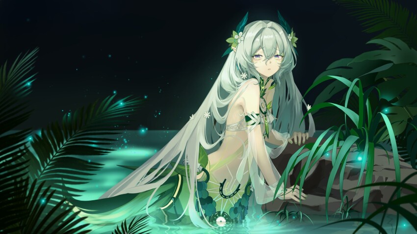 1girl :o bare_arms bare_shoulders bikini bikini_top_only breasts chinese_commentary commentary dreamcatcher eyeshadow fireflies flower gradient_eyes grass green_eyeshadow green_flower green_nails hair_between_eyes hair_flower hair_intakes hair_ornament highres hygge_hanrui jewelry lake lamia:_lost_lullaby_(solitary_longings)_(pgr) lamia_(pgr) leaf leaf_hair_ornament long_hair makeup mermaid monster_girl multicolored_eyes nail_polish navel necklace night night_sky official_alternate_costume palm_leaf partially_submerged pointy_ears punishing:_gray_raven purple_eyes rock sky small_breasts solo stomach swimsuit very_long_hair water white_bikini white_flower white_hair wrist_wrap