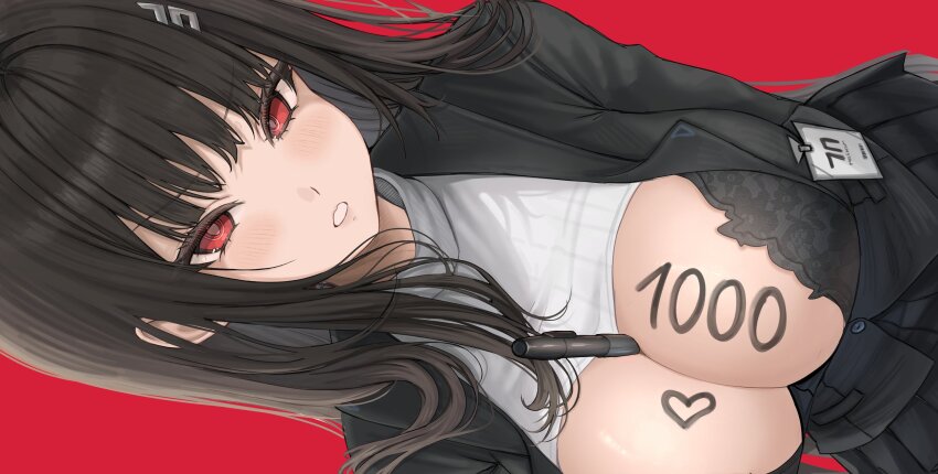 1girl between_breasts black_bra black_hair blue_archive body_writing bra breasts congratulations hair_ornament halo heart highres id_card large_breasts long_hair looking_at_viewer marker milestone_celebration red_eyes rio_(blue_archive) rosumini solo thank_you underwear