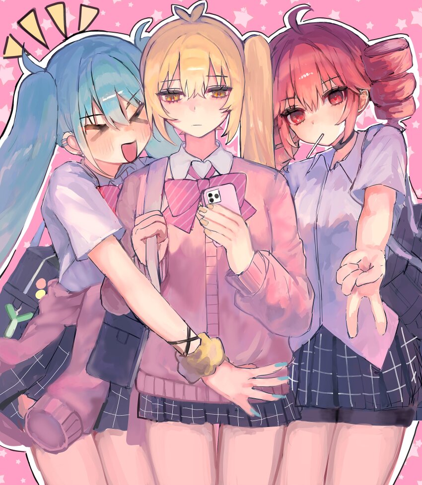 &gt;_&lt; 54_okura absurdres ahoge akita_neru aqua_hair aqua_nails bag bag_charm bike_shorts_under_skirt black_choker blonde_hair borrowed_design bow candy cardigan cardigan_around_waist charm_(object) choker clothes_around_waist diagonal-striped_bow drill_hair ear_piercing food gyaru hashtag-only_commentary hatsune_miku highres holding holding_phone kasane_teto kogal lollipop long_hair no_bowtie open_mouth outline phone piercing pink_background pink_bow pink_cardigan pleated_skirt red_eyes red_hair school_bag school_uniform scrunchie side_ponytail skirt spring_onion star_(symbol) triple_baka_(vocaloid) triple_ryuunen twin_drills twintails v vocaloid white_outline wrist_scrunchie yellow_eyes yellow_scrunchie zako_(vocaloid)