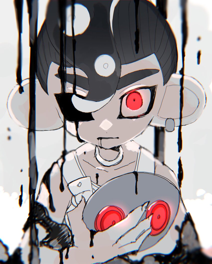 1boy agent_8_(splatoon) black_hair bodysuit closed_mouth commentary_request glowing highres jelleton looking_at_viewer male_focus mohawk nintendo octoling octoling_boy octoling_player_character parallel_canon_(splatoon) red_eyes short_hair simple_background sleeveless sleeveless_bodysuit solo splash_kuro3 splatoon_(series) splatoon_3 splatoon_3:_side_order tentacle_hair thick_eyebrows white_background white_bodysuit