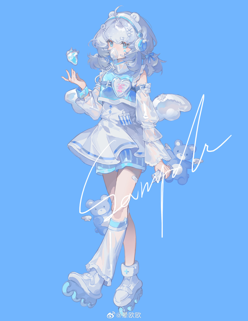 1girl absurdres ahoge angel_wings animal_ear_headphones animal_ears arm_belt asymmetrical_legwear bandaid_on_thigh bandaid_on_wing bare_shoulders bear_ears belt belt_buckle black_belt blue_background blue_eyes blue_shorts blue_vest blue_wrist_cuffs body_writing buckle buttons chest_belt chewing_gum chinese_commentary commentary_request commission detached_sleeves dress eyelashes facial_tattoo fake_animal_ears frilled_dress frilled_sleeves frills full_body fur_anklet grey_hair hair_ornament hairclip headphones heart heart_(organ) highres holding holding_stuffed_toy leg_warmers long_hair long_sleeves looking_ahead mismatched_legwear object_floating_above_hand original outstretched_hand pleated_dress pocket roller_skates sample_watermark shoes short_dress shorts shorts_under_dress simple_background single_leg_warmer single_wrist_cuff skates sleeveless sleeveless_dress solo striped_clothes striped_shorts stuffed_animal stuffed_toy tattoo teddy_bear turtleneck turtleneck_dress vertical-striped_clothes vertical-striped_shorts vest watermark weibo_watermark white_dress white_leg_warmers white_shoes white_sleeves white_wings wings wrist_cuffs x_hair_ornament yunouou10