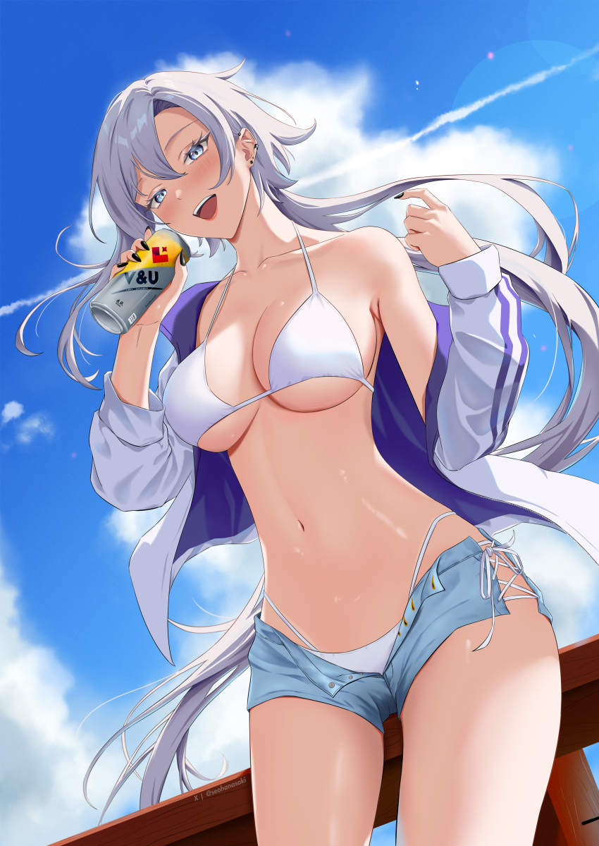 1girl :d absurdres bikini black_nails blue_shorts blue_sky blush breasts can contrail copyright_name cross-laced_clothes cross-laced_shorts day from_below grey_eyes grey_hair grey_jacket hair_between_eyes highleg highleg_bikini highres holding holding_can jacket large_breasts lens_flare liora_walkyria long_hair looking_at_viewer micro_shorts navel off_shoulder open_clothes open_jacket open_mouth open_shorts outdoors seohanasaki shorts side-tie_shorts sky smile solo stomach string_bikini swimsuit thighs underboob v&amp;u_entertainment very_long_hair virtual_youtuber white_bikini