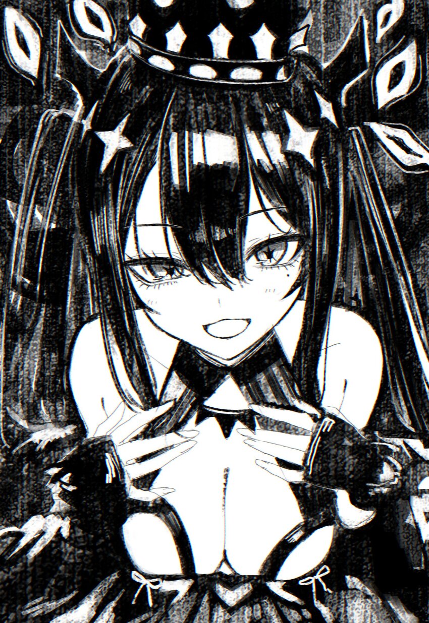1girl absurdres breasts cleavage crown hands_on_own_chest highres monochrome nue_no_onmyouji open_mouth sketch solo suujiniku twintails upper_body yozora_(nue_no_onmyouji)