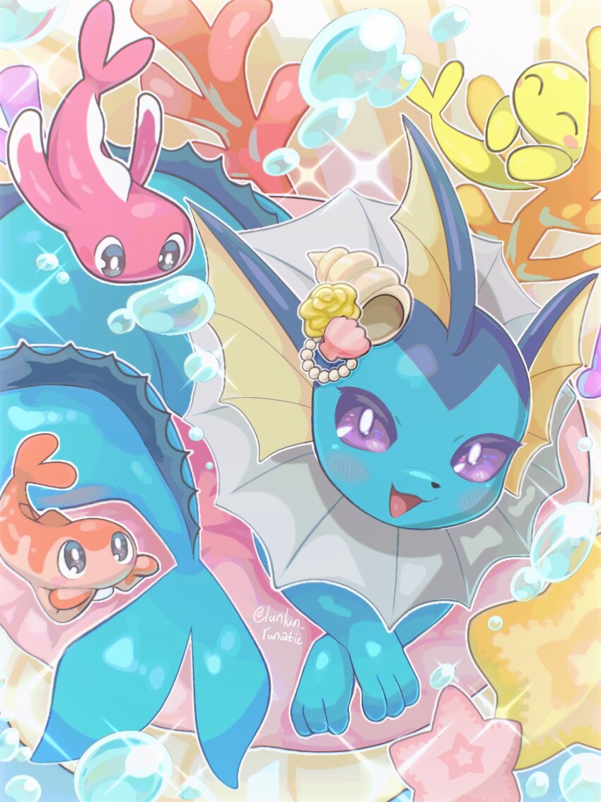 blue_skin blush blush_stickers bubble colored_skin fins fish gen_1_pokemon highres looking_at_viewer lying nintendo no_humans open_mouth pokemon pokemon_(creature) purple_eyes runachikku seashell shell smile starfish swim_ring tatsugiri tatsugiri_(curly) tatsugiri_(droopy) tatsugiri_(stretchy) twitter_username vaporeon water