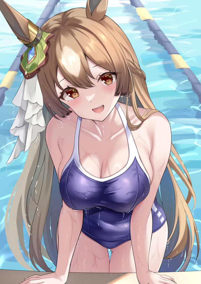 1girl absurdres animal_ears blue_one-piece_swimsuit bow braid breasts brown_hair cleavage collarbone commentary_request ear_ribbon green_ribbon hair_between_eyes hair_ornament half_up_braid highres horse_ears horse_girl horse_tail large_breasts long_hair looking_at_viewer maimuu one-piece_swimsuit open_mouth pool ribbon satono_diamond_(umamusume) school_swimsuit solo swimsuit tail tracen_swimsuit umamusume water wet wet_clothes wet_swimsuit