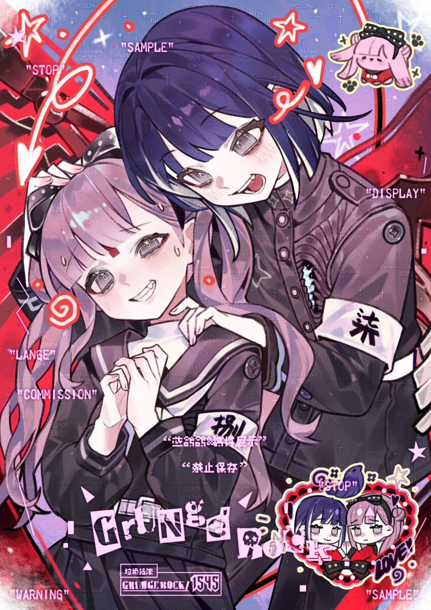 1boy 1girl armband black_bow blush bow brother_and_sister chibi chibi_inset english_text fingernails grey_eyes hair_between_eyes hand_on_another&#039;s_head heart hetero highres incest japanese_text last_defense_academy_school_uniform open_mouth pink_hair purple_hair siblings smile star_(symbol) sweatdrop teeth the_hundred_line_-last_defense_academy- tongue translation_request tsukumo_ima tsukumo_kako twins twintails