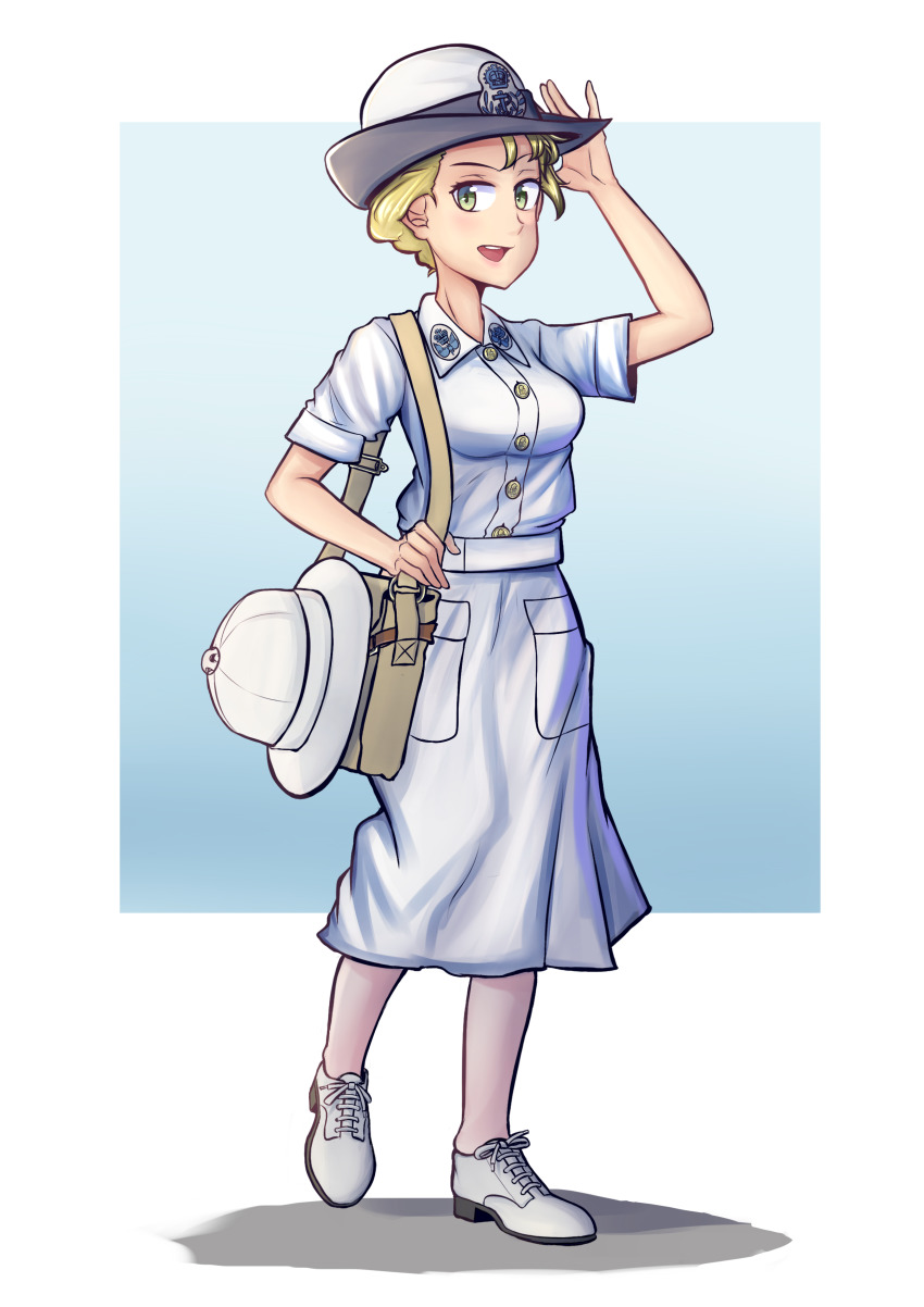 1girl absurdres bag blonde_hair dress handbag helmet highres military military_uniform naval_uniform naval_working_uniform open_mouth original pith_helmet royal_navy shoulder_bag smile standing united_kingdom warriordesu white_dress white_footwear white_headwear world_war_ii