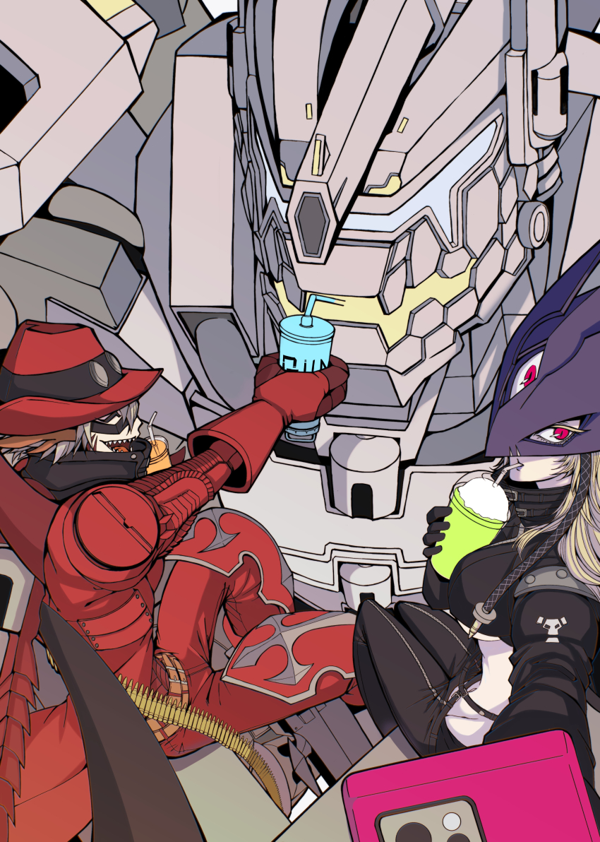 1boy 1girl absurdres beelstarmon black_coat black_gloves black_pants blonde_hair breasts coat crop_top cup digimon digimon_(creature) drinking_straw eye_mask gloves grey_hair gundramon hat highres holding holding_cup holding_phone large_breasts long_hair magnakidmon midriff navel non-humanoid_robot pants phone red_coat red_eyes red_gloves red_hat red_pants robot robot_dragon selfie sharp_teeth short_hair teeth third_eye underboob zigokuno