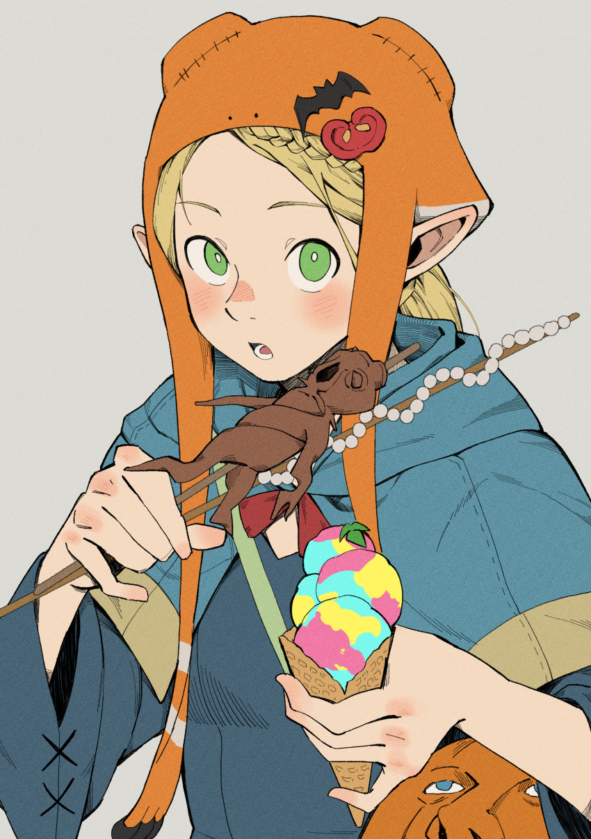 1girl absurdres adapted_costume animal_hood bat_ornament blonde_hair blue_capelet blue_eyes blue_robe blush braid braided_bangs bug capelet commentary_request dryad_fruit_(dungeon_meshi) dungeon_meshi eating elf food food-themed_hat_ornament frog_hood green_eyes grey_background halloween_costume hat_ornament highres holding holding_food holding_ice_cream holding_skewer hood hood_down hooded_capelet ice_cream long_hair long_sleeves looking_at_viewer mandrake marcille_donato open_mouth parted_bangs pelt pinky_out pointy_ears ponytail pumpkin quadruple_scoop r_bishh robe simple_background skewer solo tomato tomato_slice upper_body