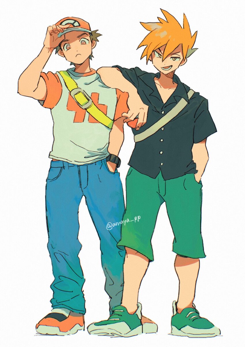 2boys amaya_uw black_shirt blue_oak blue_pants brown_hair buttons closed_mouth collared_shirt commentary frown green_footwear green_pants hair_between_eyes hand_in_pocket hand_on_headwear hat highres lower_teeth_only male_focus multiple_boys nintendo open_mouth orange_shoes pants pokemon pokemon_sm red_(pokemon) shirt shoes short_hair short_sleeves spiked_hair standing symbol-only_commentary t-shirt teeth twitter_username