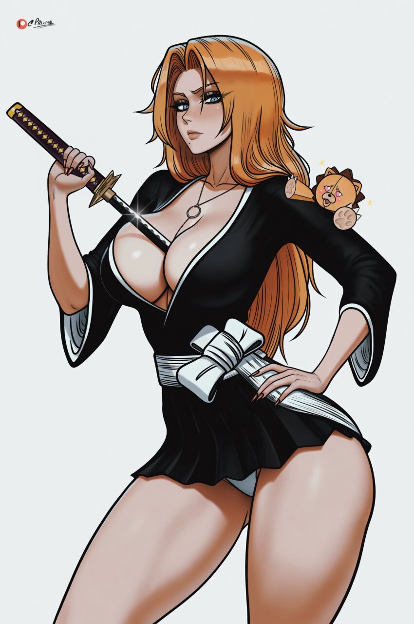 1boy 1girl ai-assisted artist_name bleach blue_eyes breasts chain chain_necklace hand_on_own_hip heart heart-shaped_eyes highres holding holding_sword holding_weapon jewelry kon_(bleach) large_breasts light_blush lips long_hair looking_at_viewer matsumoto_rangiku mole mole_under_mouth necklace panties patreon_username prixmal shihakusho simple_background stuffed_animal stuffed_lion stuffed_toy sword thighs underwear weapon white_background white_panties zanpakutou
