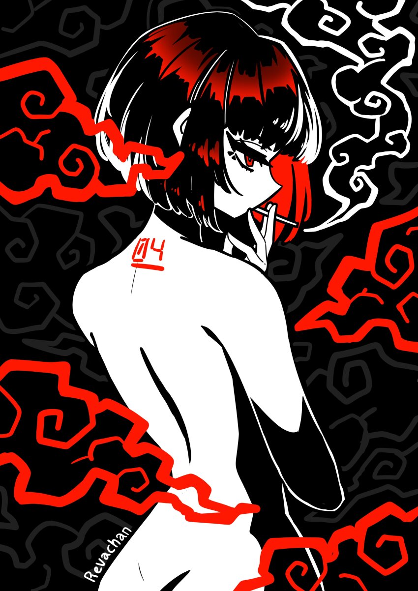 1girl absurdres artist_name ass black_hair bob_cut cigarette commentary completely_nude from_behind highres holding holding_cigarette median_furrow nude number_tattoo original profile red_eyes revachan smoke smoking solo symbol-only_commentary tagme tattoo