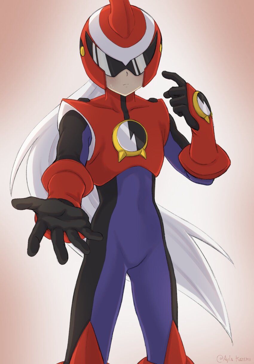 1boy armor assault_visor ayla_kazemi black_bodysuit bodysuit feet_out_of_frame helmet highres incoming_hug long_hair looking_at_viewer male_focus mega_man_(series) mega_man_battle_network_(series) netnavi protoman.exe red_armor red_helmet simple_background solo white_hair