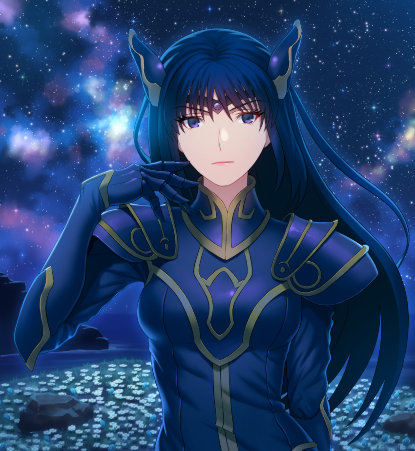 1girl arm_behind_back armor bad_id bad_pixiv_id blue_armor blue_eyes blue_gloves blue_hair breasts circlet closed_mouth commentary_request eyebrows_hidden_by_hair eyes_visible_through_hair fateline_alpha female_focus field flower flower_field gauntlets gloves hair_between_eyes hand_up headgear highres horizon long_hair looking_at_viewer matching_hair/eyes meadow medium_breasts milky_way neck night night_sky ocean outdoors pauldrons rock rose_(dragoon) serious shoulder_armor sky solo star_(sky) starry_sky straight_hair the_legend_of_dragoon tiara upper_body water white_flower