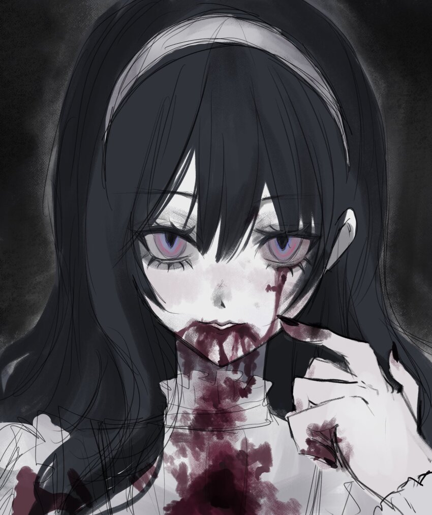 1girl akai_ringo_(eveyuno) black_background black_hair blood blood_from_mouth bloody_tears headband highres looking_at_viewer original pointing pointing_at_self white_headband