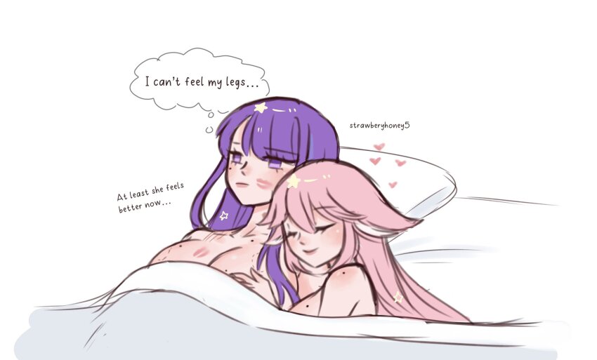 2girls aftersex animal_ears artist_name bite_mark bite_mark_on_breast breasts closed_eyes closed_mouth commentary cuddling english_commentary english_text fox_ears genshin_impact heart highres lipstick_mark lipstick_mark_on_breast lipstick_mark_on_face mole mole_on_breast mole_under_eye multiple_girls pillow pink_hair purple_eyes purple_hair raiden_shogun smile speech_bubble strawberyhoney5 thought_bubble under_covers yae_miko yuri