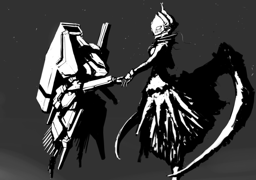 alien black_background blush couple gauna good_end gradient_background greyscale hand_on_own_chest mecha mecha_focus monochrome monster morito_(sidonia_no_kishi) no_humans robot sate science_fiction shiraui_tsumugi sidonia_no_kishi space taking_another&#039;s_hand zero_gravity