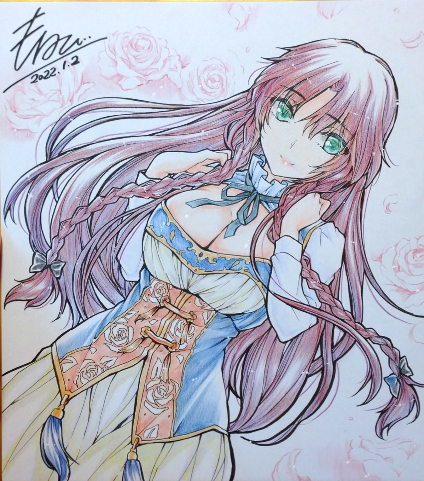 1girl black_bow black_ribbon bow braid breasts cleavage closed_mouth clothing_request commentary_request dated floral_print flower green_eyes green_skirt hair_bow highres hong_meiling large_breasts long_hair long_sleeves looking_at_viewer monety neck_ribbon no_headwear red_hair ribbon rose_print shikishi signature skirt smile solo touhou traditional_media twin_braids very_long_hair
